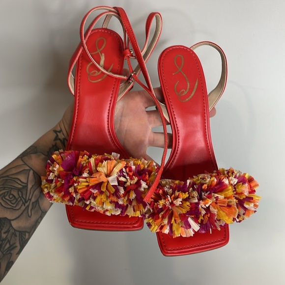 Sam Edelman | Clare Ankle Strap Heels Pom Pom Details in Bright Poppy Size 7 - Picture 2 of 6